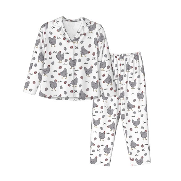 Balery Funny Chicken Conjunto de Pijama con Estampado para Mujer, Conjunto de Dos Piezas con Manga Larga, Ropa de Dormir Suave con Bolsillos, Pijamas Cómodos-Medium