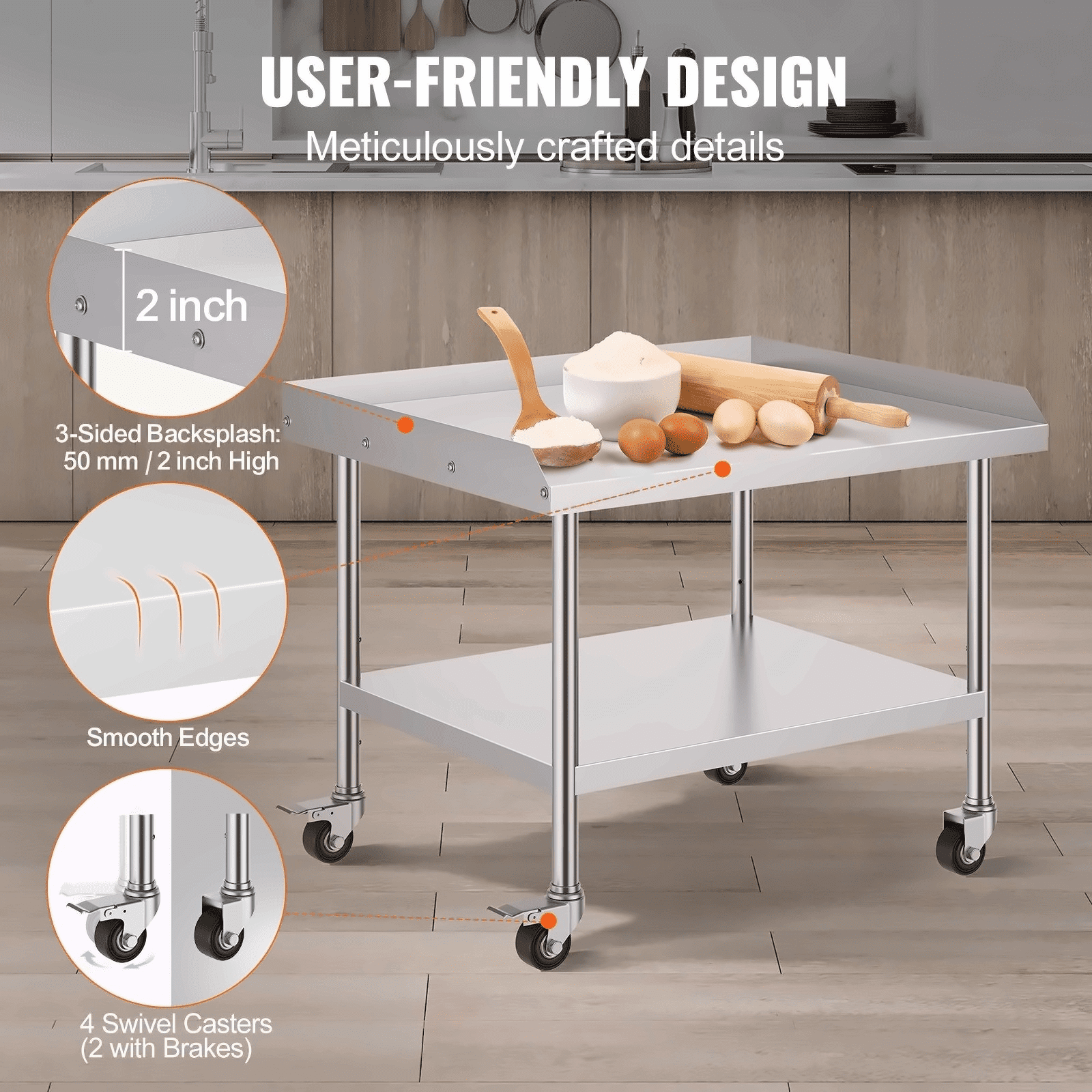 Stainless Steel Work Table 30x36x30 Inch - Commercial Kitchen Prep Table with Wheels & Backsplash - Heavy Duty Restaurant Workstation