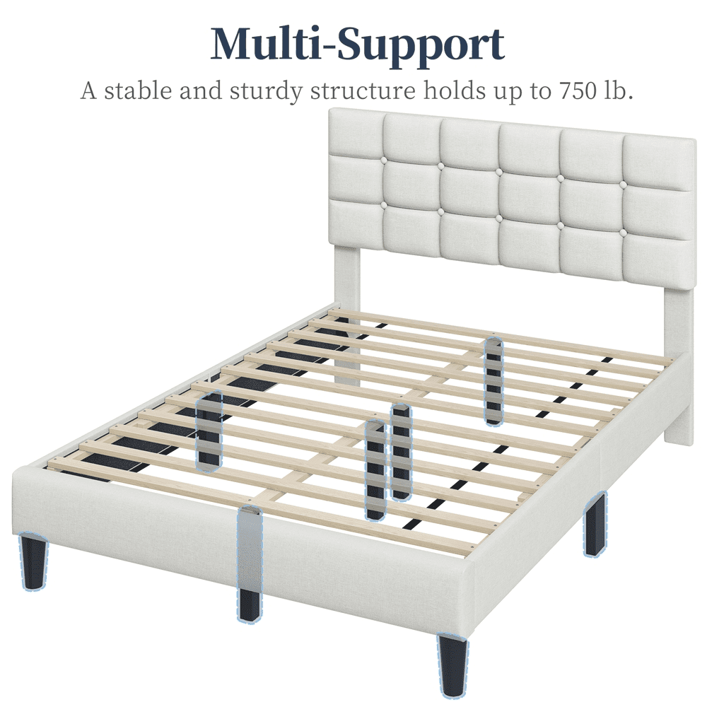 Renwick Full Size Upholstered Platform Bed with Square Tufted Headboard, Beige