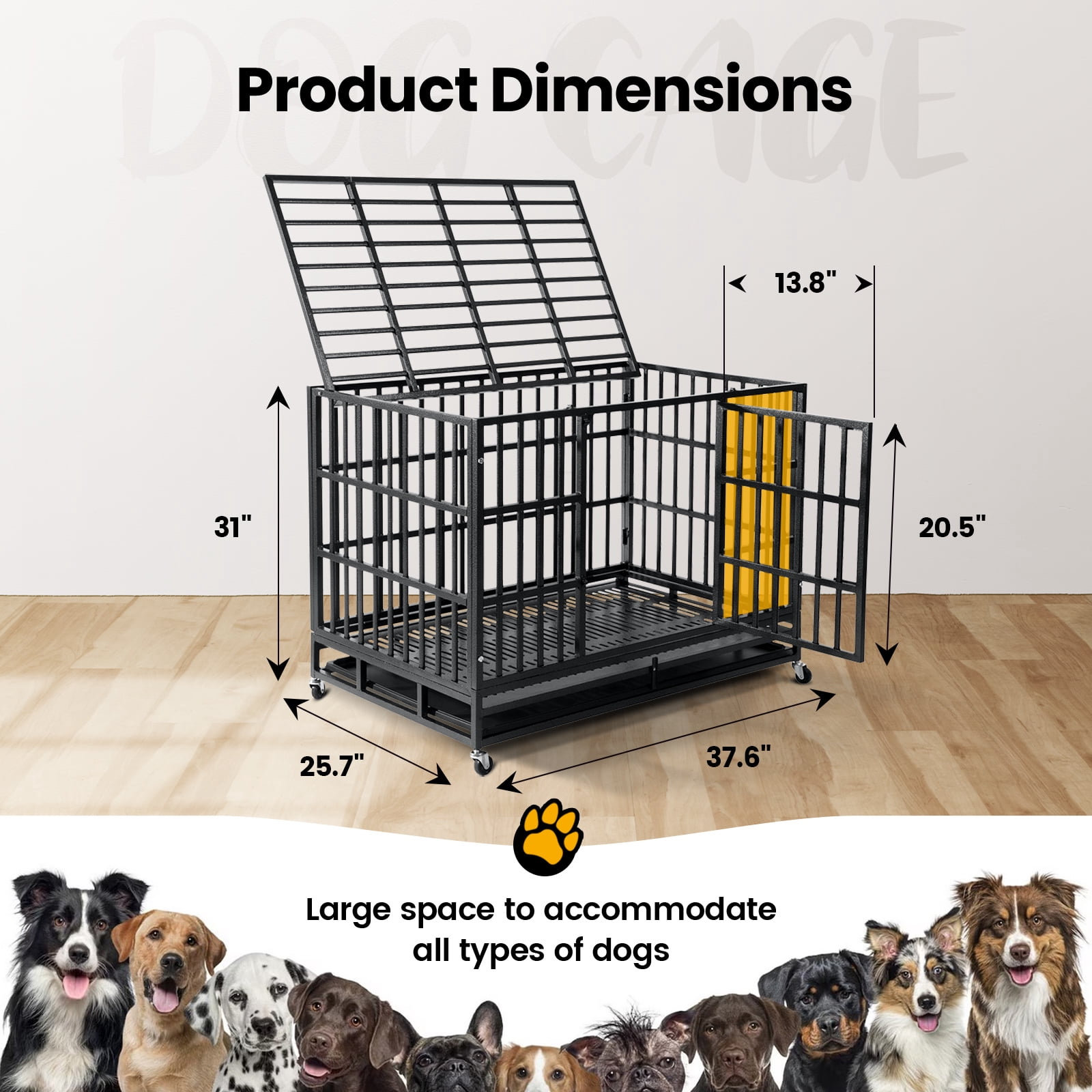 WOKEEN 38 inch Heavy Duty Indestructible Dog Crate,New Upgrade Tray for Large Dogs,XL Dog Crate for High Anxiety Dogs/Sturdy Locks/Double Door with Wheels