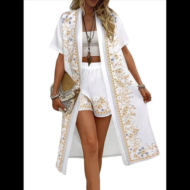 Bohemio Floral de Corta para Mujer, Talla Grande, con Abertura Frontal, Conjunto de 2 Piezas para Verano XL