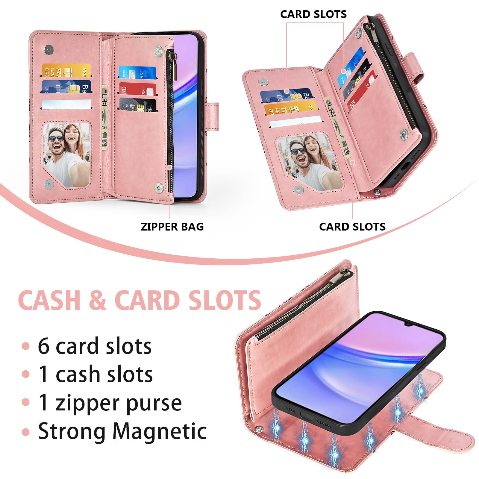 Asuwish Phone Case for Samsung Galaxy A15 5G/4G Zipper Wallet Magnetic Detachable Cell Cover with Tempered Glass Screen Protector Crossbody Strap Flower Card Holder Slot A 15 G5 15A Women Pink