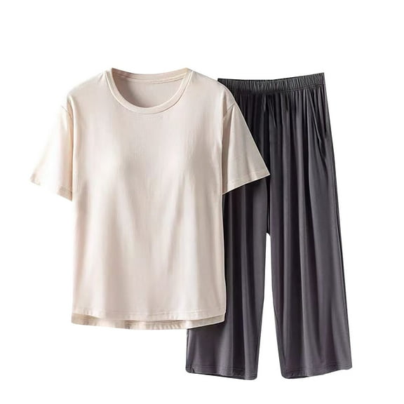 Hontri Women's Capri Pajama Set - 3/4 Length Sleepwear with Chest Pads - Breathable Summer Nightwear Outfit (M-XXXXL) (Beige | 3)