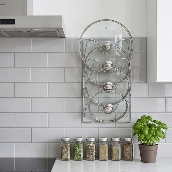 4-Tier Metal Wall Mounted Pot Lid Storage Rack,Black Iron Pan Cover Organizer for Kitchen Wall Space Arrangement,12"x7"(Black)