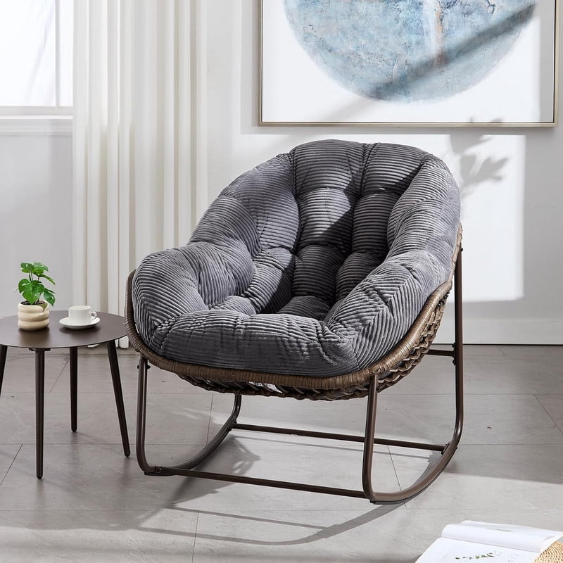 Outdoor Rattan Rocking Chair, Rocking Papasan Chair with Thick Cushion, Comfy Wicker Egg Chairs Lounge Recliner Chair, Padded Cushion Rocker