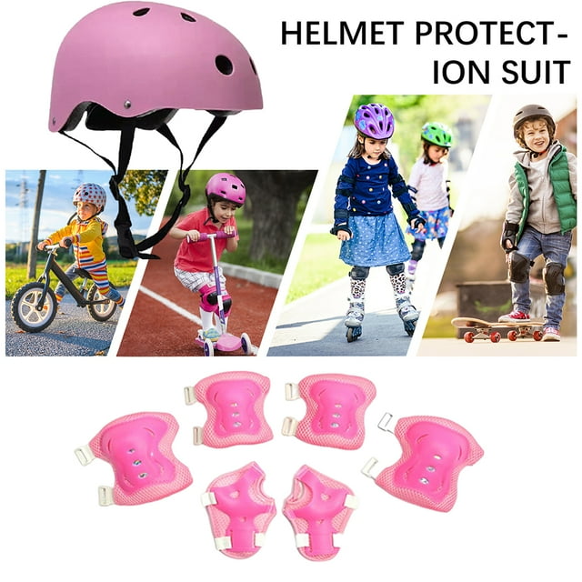 Niños Rodilleras Coderas Seguridad con Casco 7 en 1 Accesorios Deportivos (Rosa)