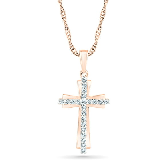 DGOLD 10kt Rose Gold Round White Diamond Cross Pendant for women (1/6 cttw)