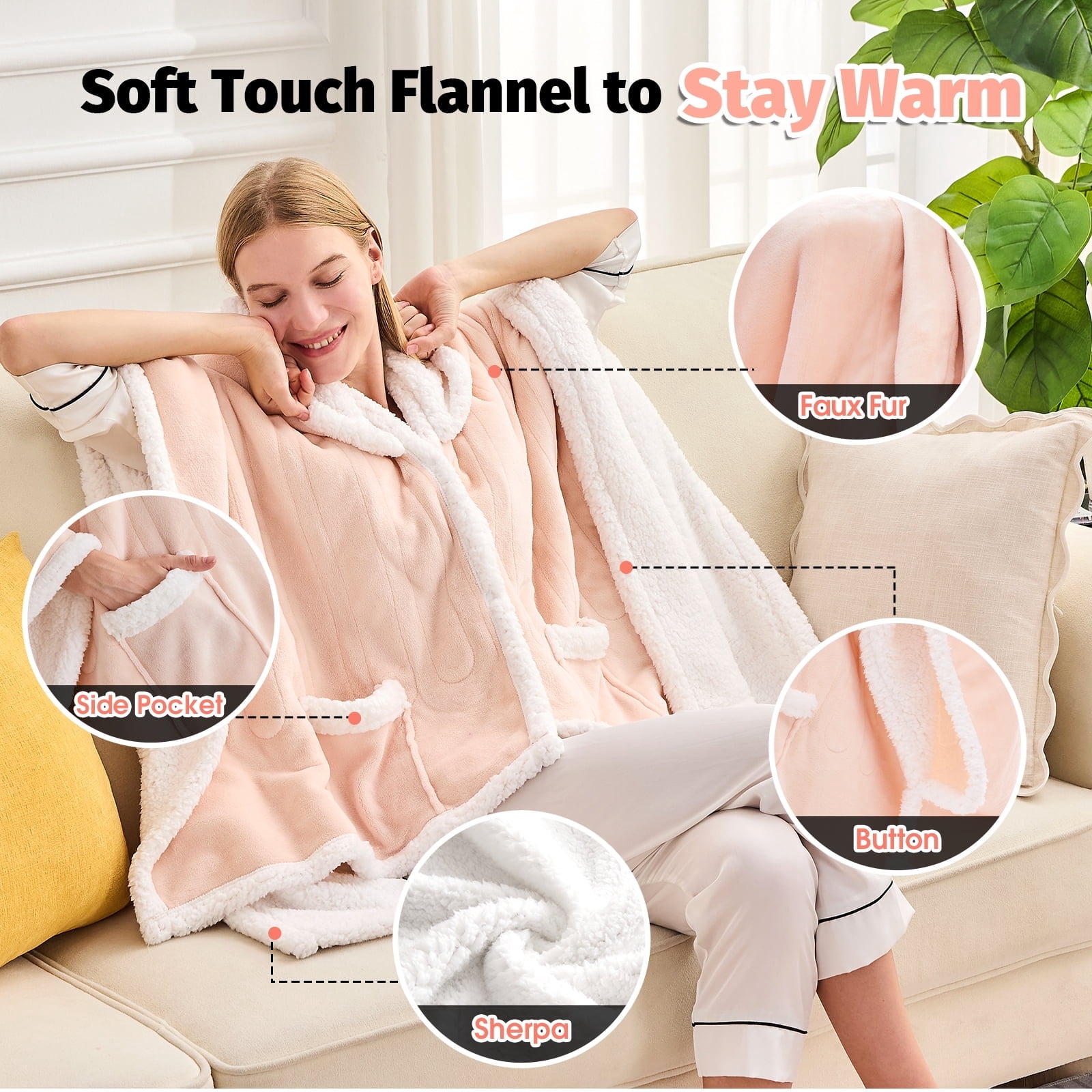 PMONPA Wearable Heated Throw Blanket for Adult, Electric Heated Wrap Poncho Shawl with Pockets, 6 Heating Levels & 2 to 10 Hours Time Settings, 51" x 61", Light Root Color
