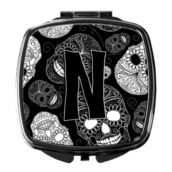 Letter N Day of the Dead Skulls Black Compact Mirror