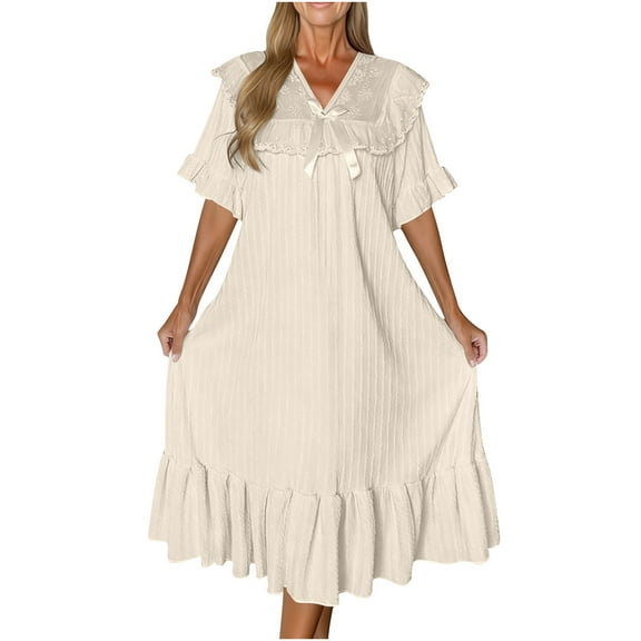 Gytharion Nightgowns for Women Plus Size Cute Solid Bow V-Neck Sleepdress Loose Comfy Short Sleeve Pullover Sleepwear Flowy Ruffled Hem Long Nightdress