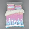 thumbnail image 2 of Winter Duvet Cover Set, Cartoon Style Fantasy Landscape with Ice Mountains Leafless Trees and Colorful Sky, Bedding Set with Shams and Fitted Sheet, 3 Sizes, by Ambesonne, 2 of 3