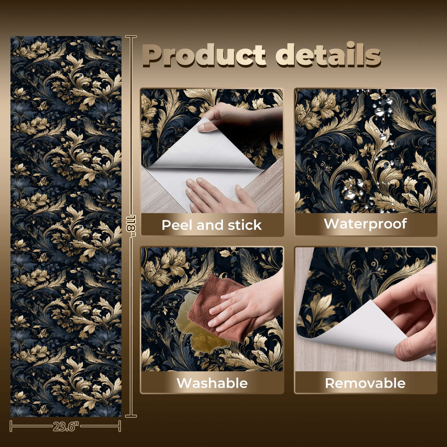 Baroque Peel and Stick Wallpaper Elegant Baroque Floral Damask Design Deep Navy Gold Wall Mural 23.6in x 9.8ft Self Adhesive Removable Wall Paper Renter Friendly Wallpaper for Bedroom Livingroom Men