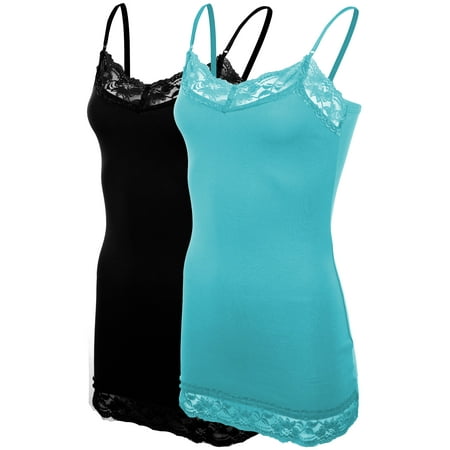 Stretch V-neck Camisole - Women's Classic Casual Lace Trim Base Layer Camisole Spaghetti Strap Tank 2 Pack : Black | Aqua Large