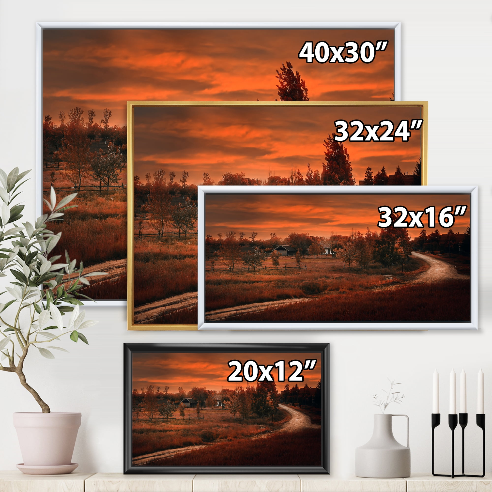 The Road By The Farm In Dark Pink Sunset 40 in x 30 in Framed Painting Canvas Art Print, by Designart