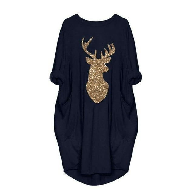 Womens Plus Size Loose Tops Dress Ladies O Neck Long Pocket Christmas Dress