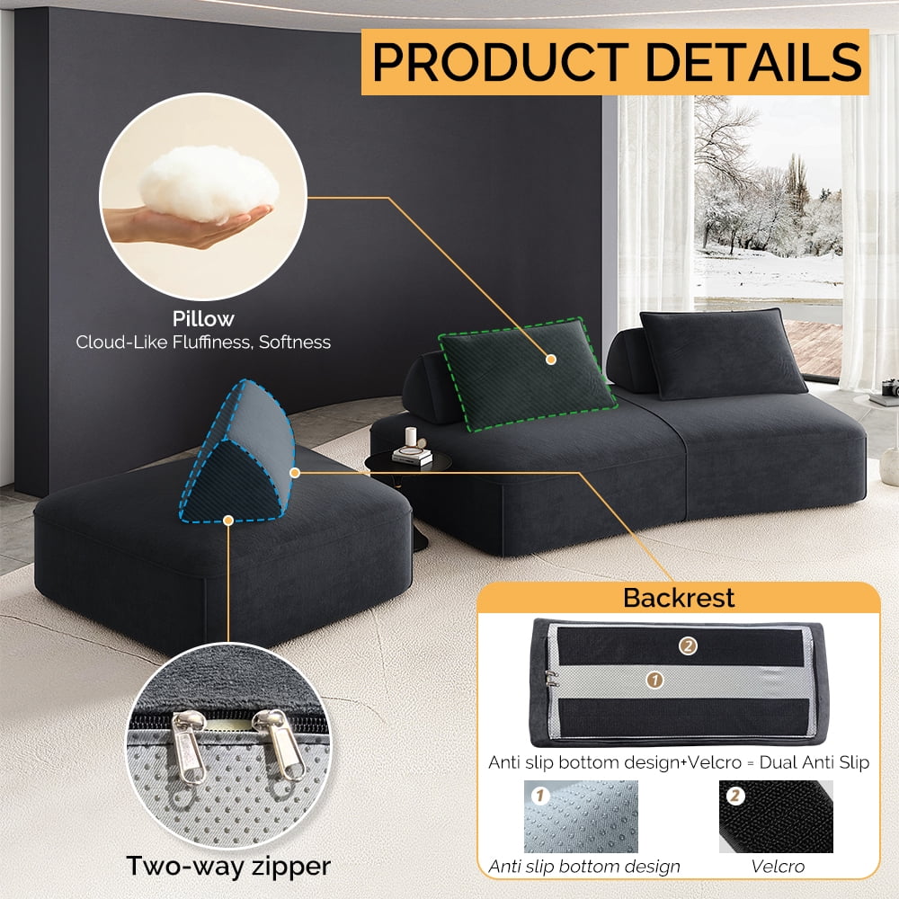 Leumius 139" Oversized Modular Sectional Sofa,DIY Upholstered Fluffy Chenille Sofa with Removable Backrests and Soft Pillows,Deep Seat Couch & Sofa Bed for Living Room,Office,Dark Gray