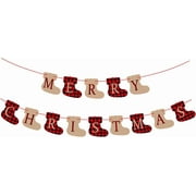 Merry Christmas Banner, Pre-Strung Buffalo Plaid Xmas Decorations, Sock Shaped Fireplace Christmas Decorations, Merry Xmas Sign for Winter New Year Mantle Hanging Sign Supplies
