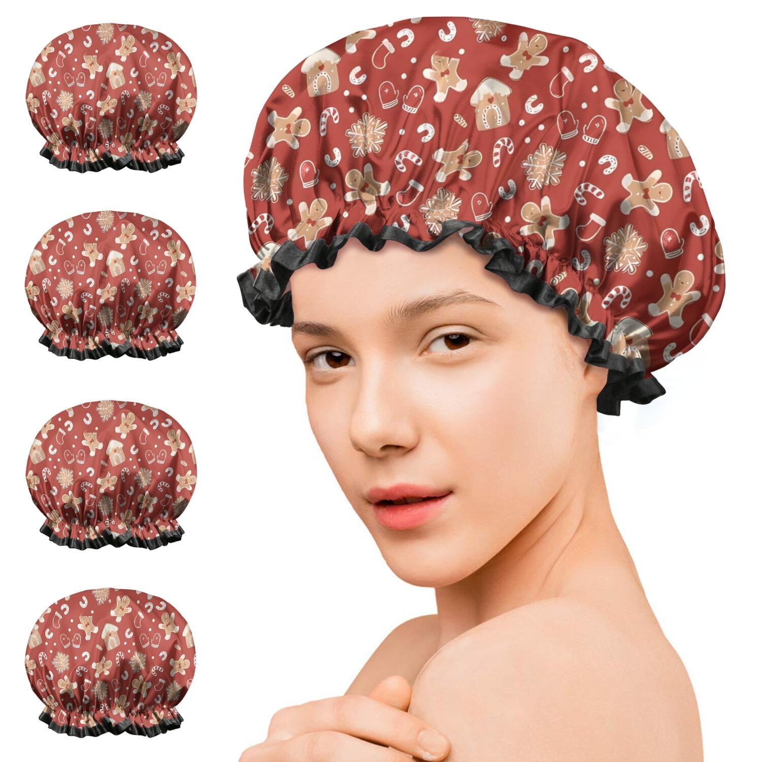 Shower Caps,Red Christmas Gingerbread and Mitten Pattern Waterproof Shower Cap for Women 4 Pieces,Double Reusable Hair Cover for Shower PEVA Elastic Stretch Hem