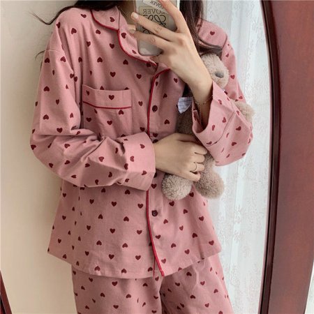 

CoCopeaunt Pajamas for Women Korean Heart Print Autumn Sleepwear Kawaii Pijamas 2 Piece Female Set Suit Whit Pants Pyjamas Loungewear