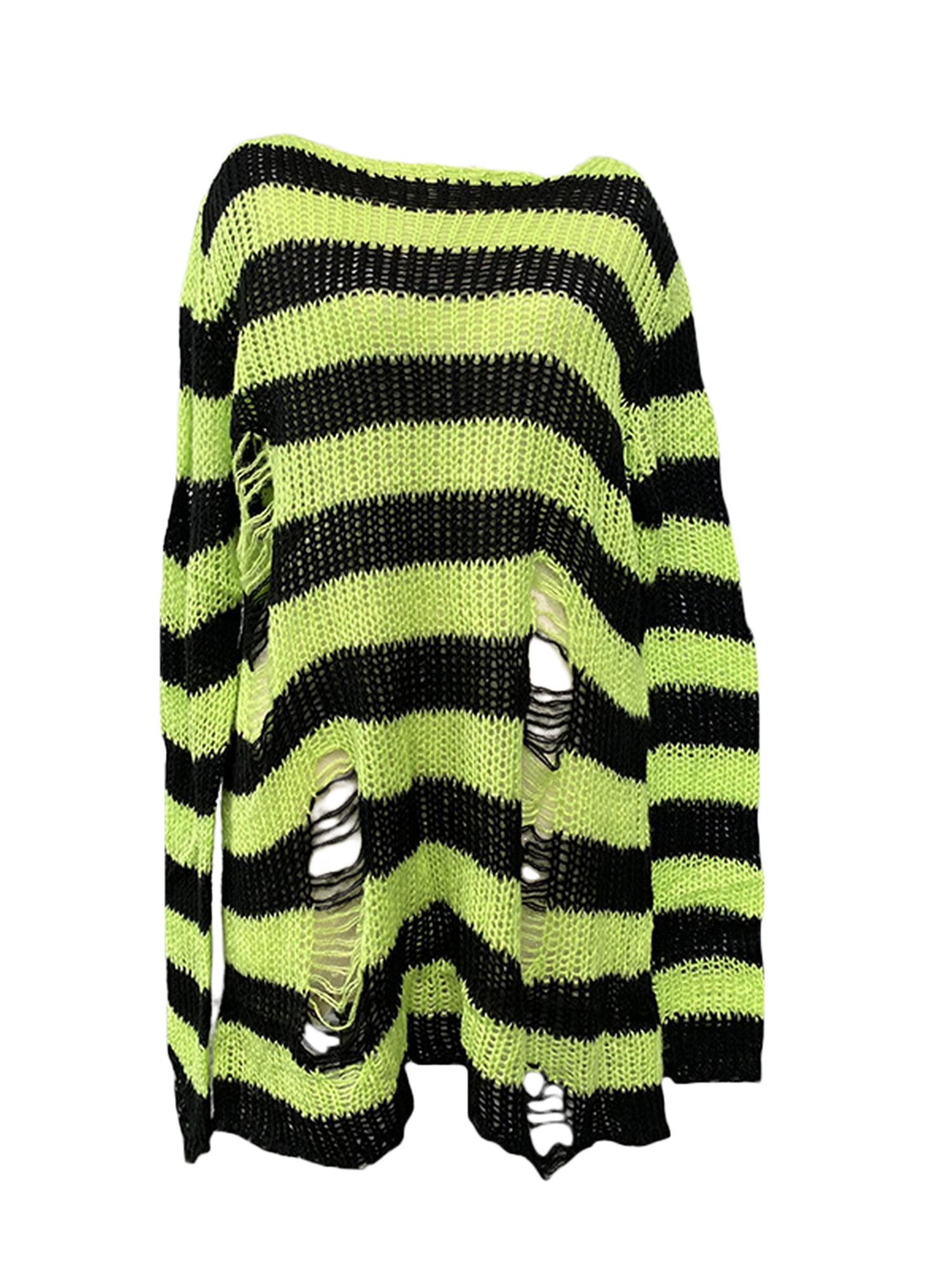 Xingqing Women Y2k Striped Oversized Sweater Pullovers Ripped Punk Gothic Grunge Long Sweaters Harajuku Top Fluorescent Green One size, Women's