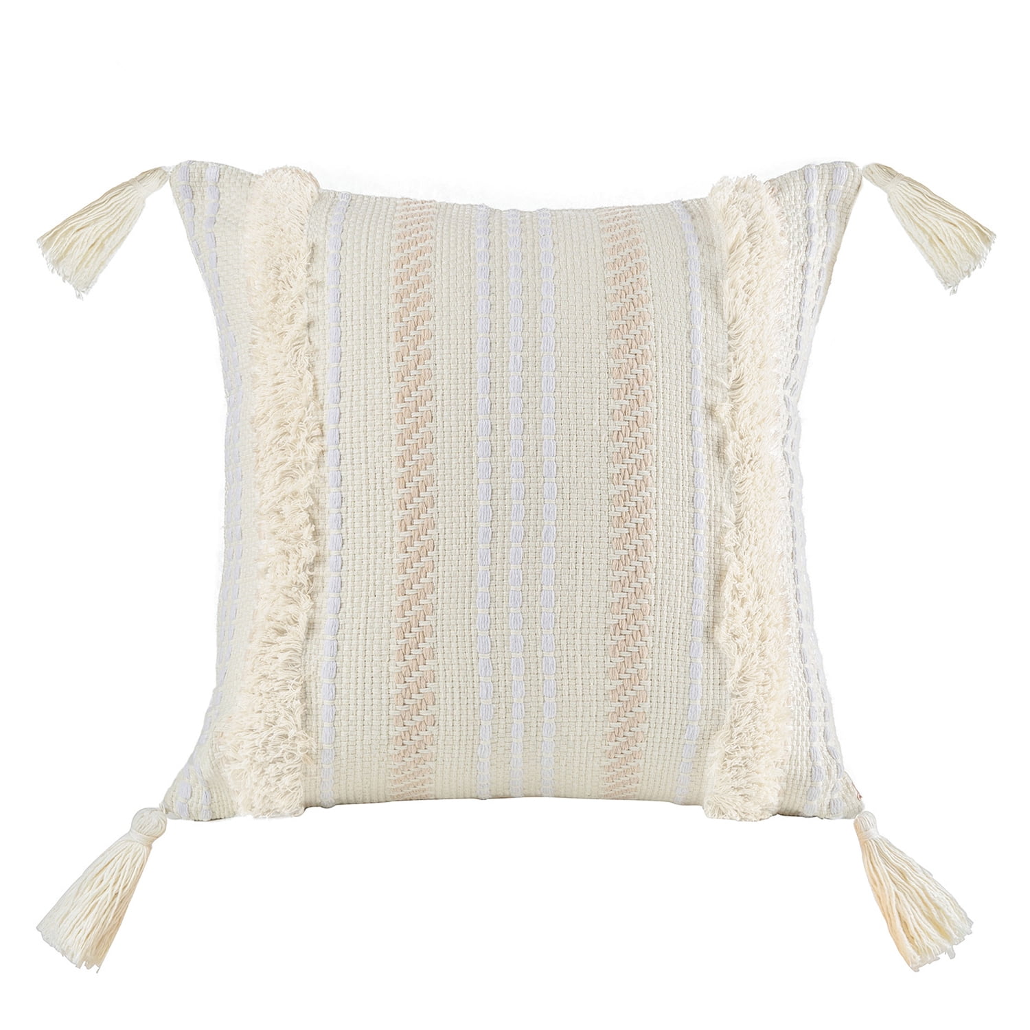 Phantoscope Printed Boho Woven Tufted with Tassel Series Decorative Throw Pillow, 18" x 18", White, 1 Pack