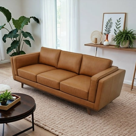 Mid Century Modern Genuine Leather 3-Seater Sofa (90.40×35.40×32.30in) for Living Room