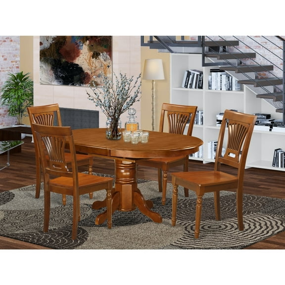 Dinette Set for 4 - 5 Piece Kitchen Table and Chair Set - Saddle Brown Finish - Oval Table with Leaf