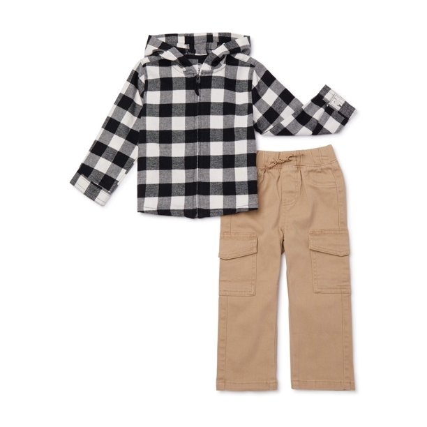 Wonder Nation Baby Boy & Toddler Boy Hooded Flannel Plaid Shirt & Cargo