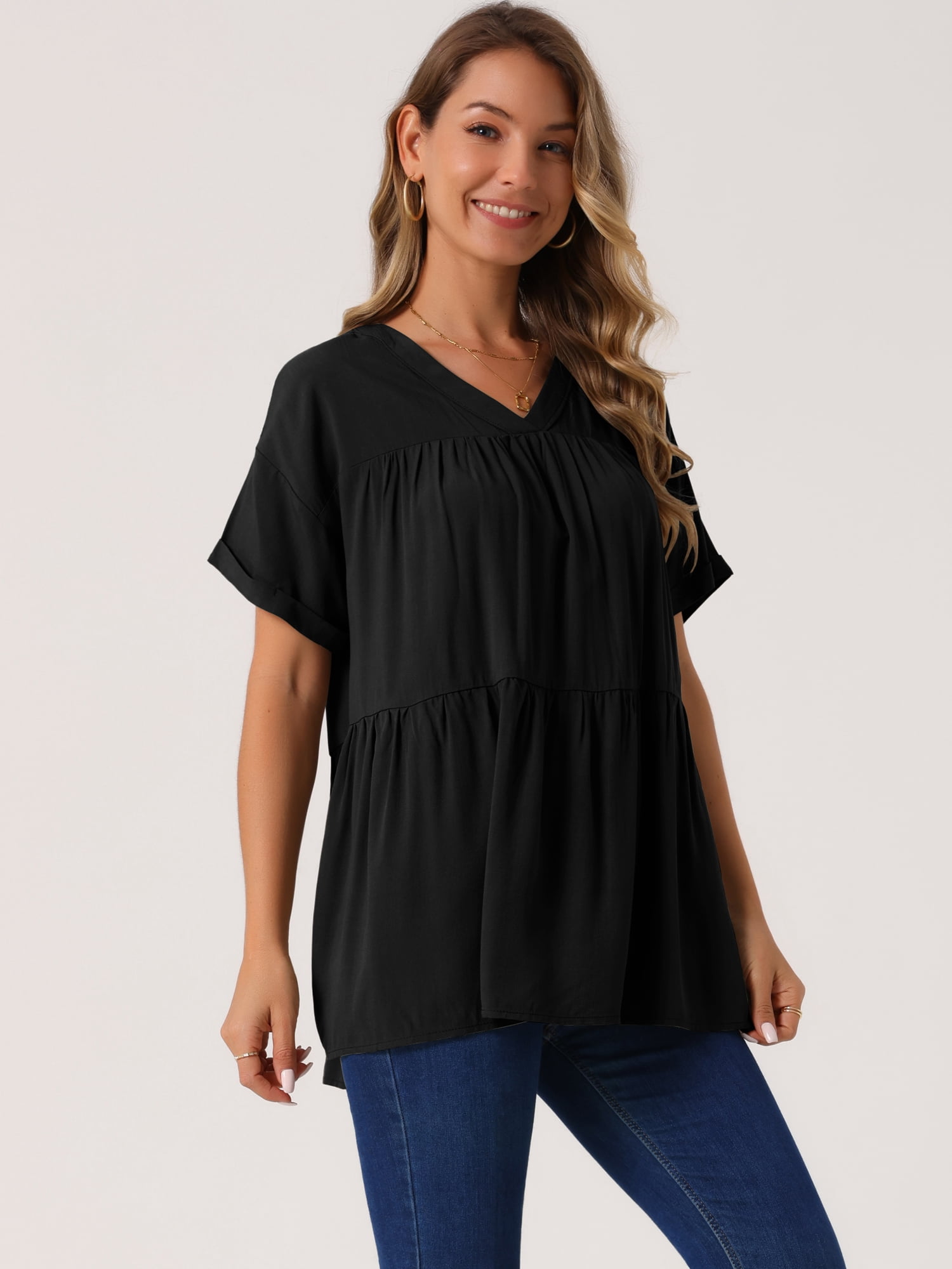 DARING DIVA Women's Babydoll Casual V Neck Short Sleeve Peplum Blouse L Black