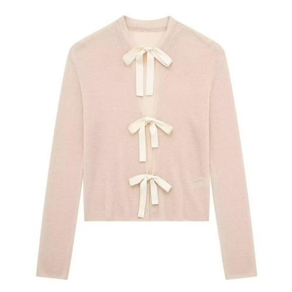 Women Long Sleeve Bow Tie Front Cardigan Sweater Open Front Knit Pullover Tops Casual