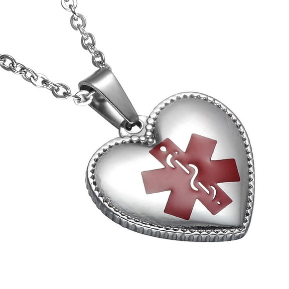 LF Womens 316l Stainless Steel ICE Sos Emergency Personalized Custom Medical Alert Necklace Heart ID Tag Pendant Health Alert Monitoring Silver for Woman