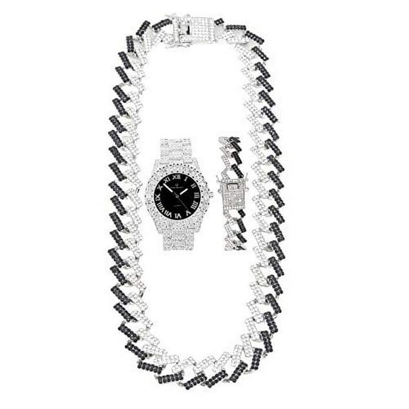 Ice on Blast! Bling'ed Out Hip Hop Rolly Looks w/Ice on Watch & Jewelry -Your Choice of Matching Zig Zag Bling'ed Out Necklace Set or Necklace & Bracelet Set - ZZ Sets (ST10327NB Silver/Black Panther)