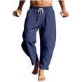 thumbnail image 3 of Men Loose Casual Drawstring Waist Pants, Trousers, Joggers With Pockets Elastic Waist Breathable Lightweight Quick Dry For Beach Hiking Workout Summer Daily Cotton Linen Blend, 3 of 7