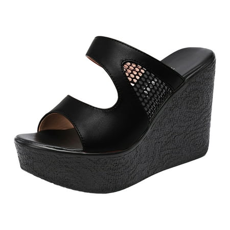 

GYUJNB Womens Wedge Platform Slide on Sandals Open Toe Cork Faux Leather Dress Summer Slippers Shoes Black Size 8