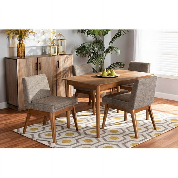Baxton Studio Nexus Mid-Century Modern Gravel Fabric Upholstered and Walnut Brown Finished Wood 5-Piece Dining Set