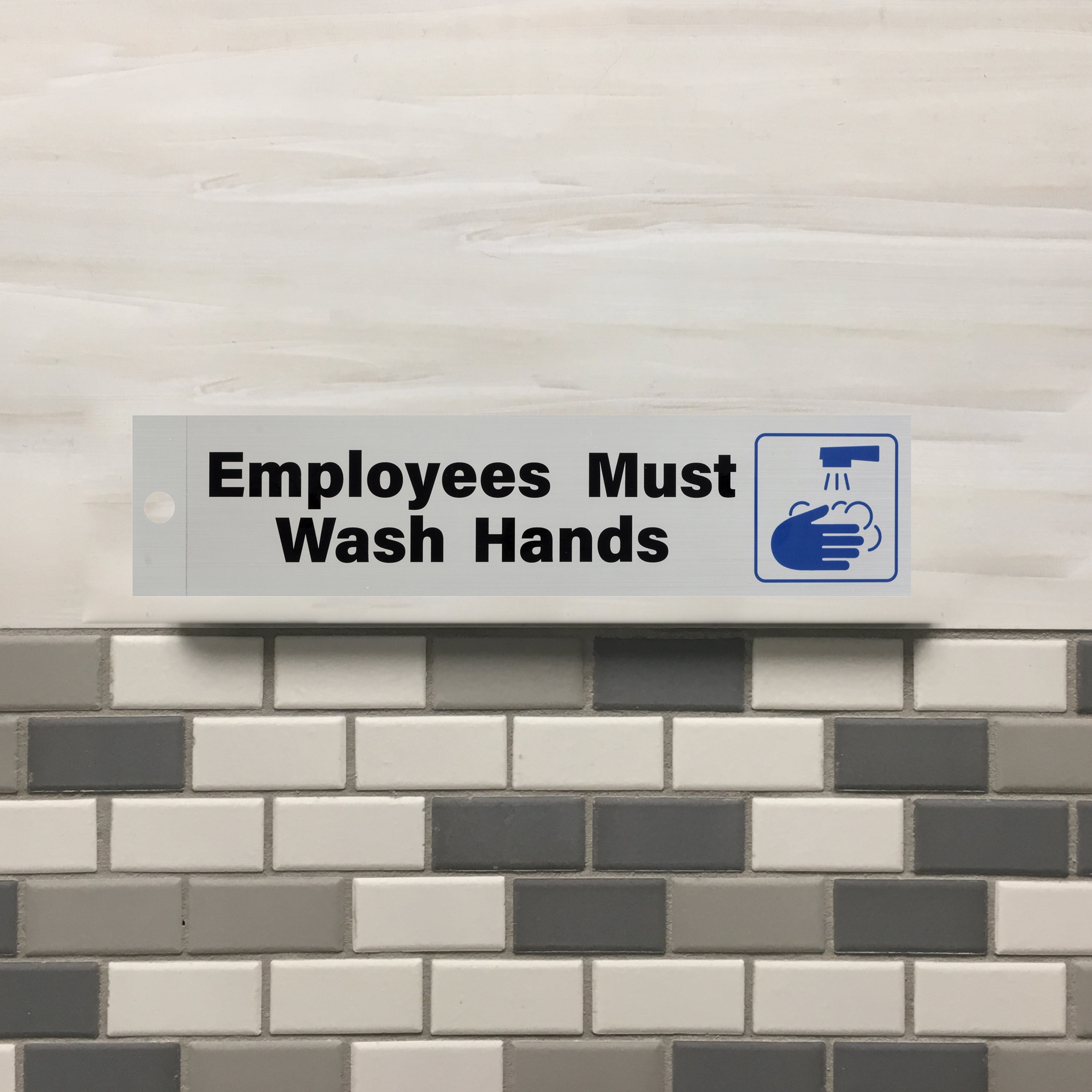 (4 pack) Pen+Gear Employee Must Wash Hands Sign, 2x8 inch , Silver, Adhesive Back for Easy Mounting