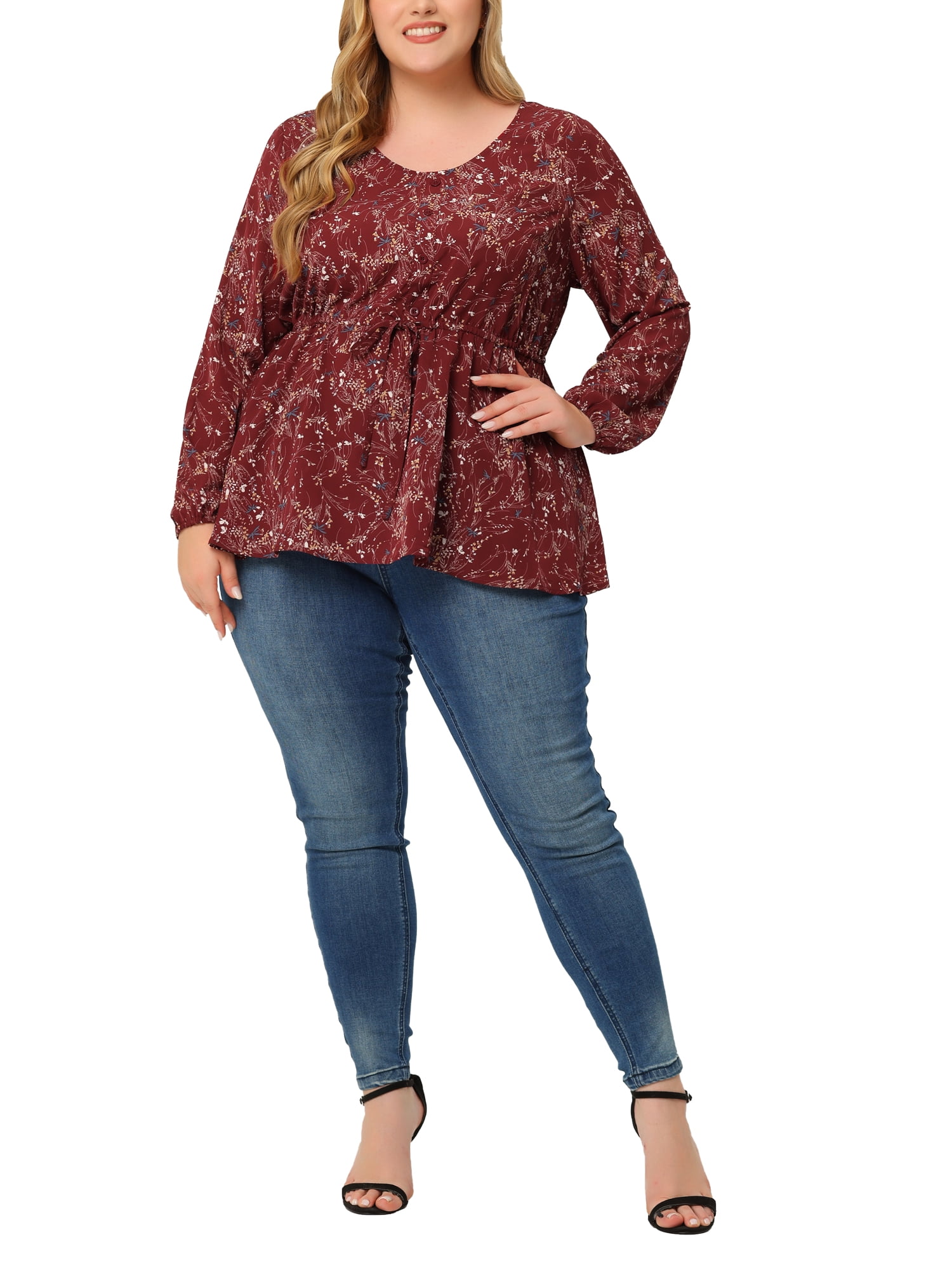 DARING DIVA Women's Plus Size Floral Print Long Sleeve Belt Tie Peplum Top 3X Red