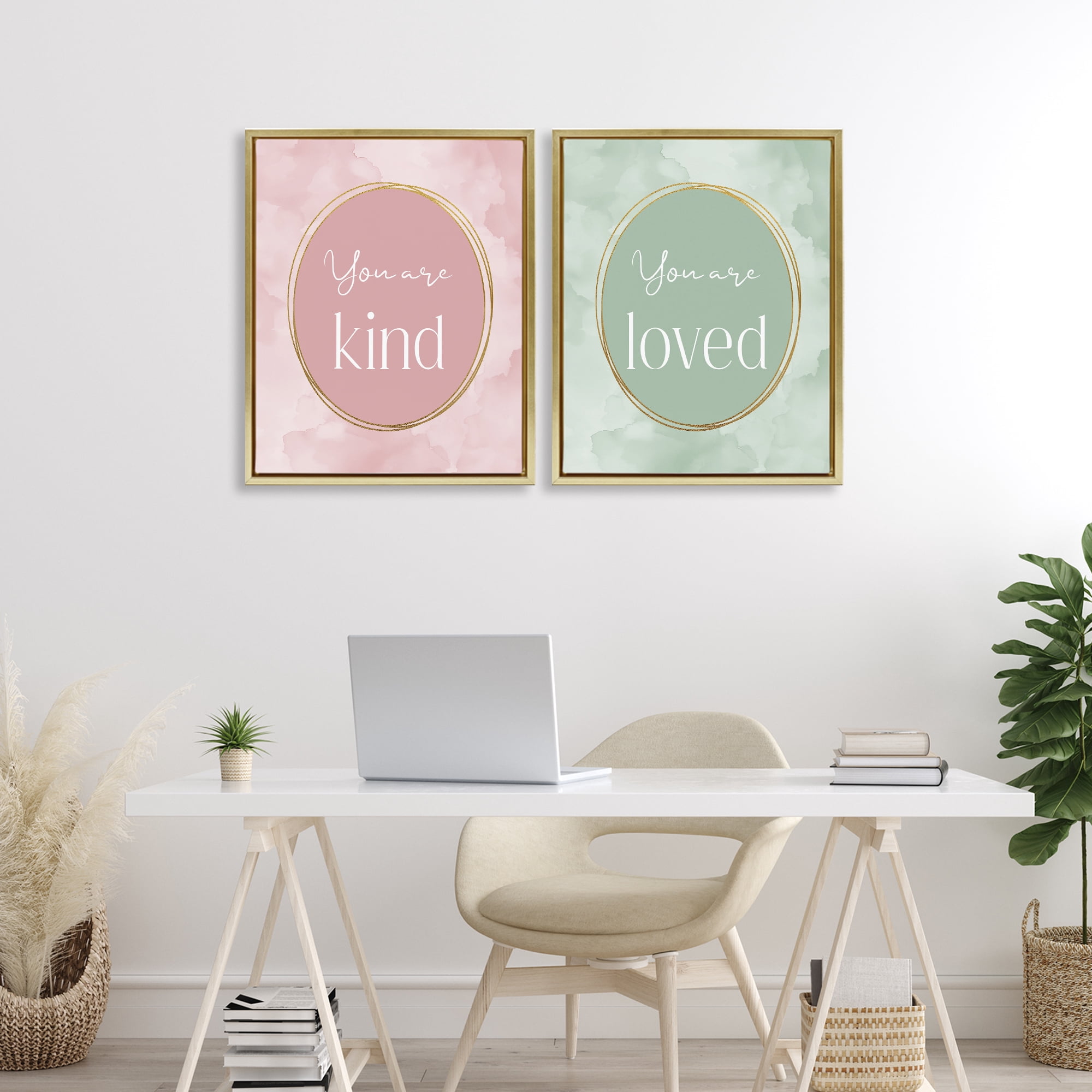 Stupell Industries Pastel Golden Affirmations 2 Piece Gold Framed Floater Canvas Set, design by Christine Simpson Art