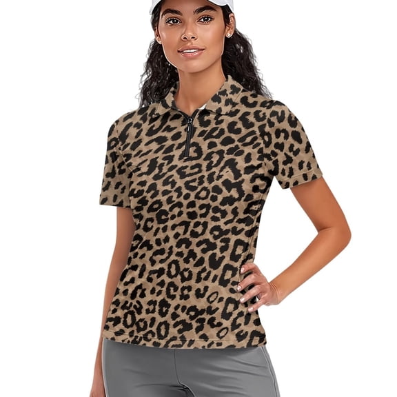 Garronmavis Golf Tennis Shirt Women Short Sleeve Collar Shirts Casual Athletic Shirts Athletic Hiking Running Workout Tops Womens Animal Print Golf Shirt, Lepoard Print, Size XS