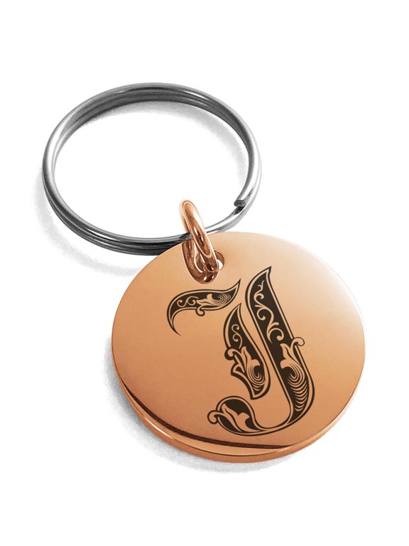 Stainless Steel Letter J Initial Royal Monogram Engraved Small Medallion Circle Charm Keychain Keyring