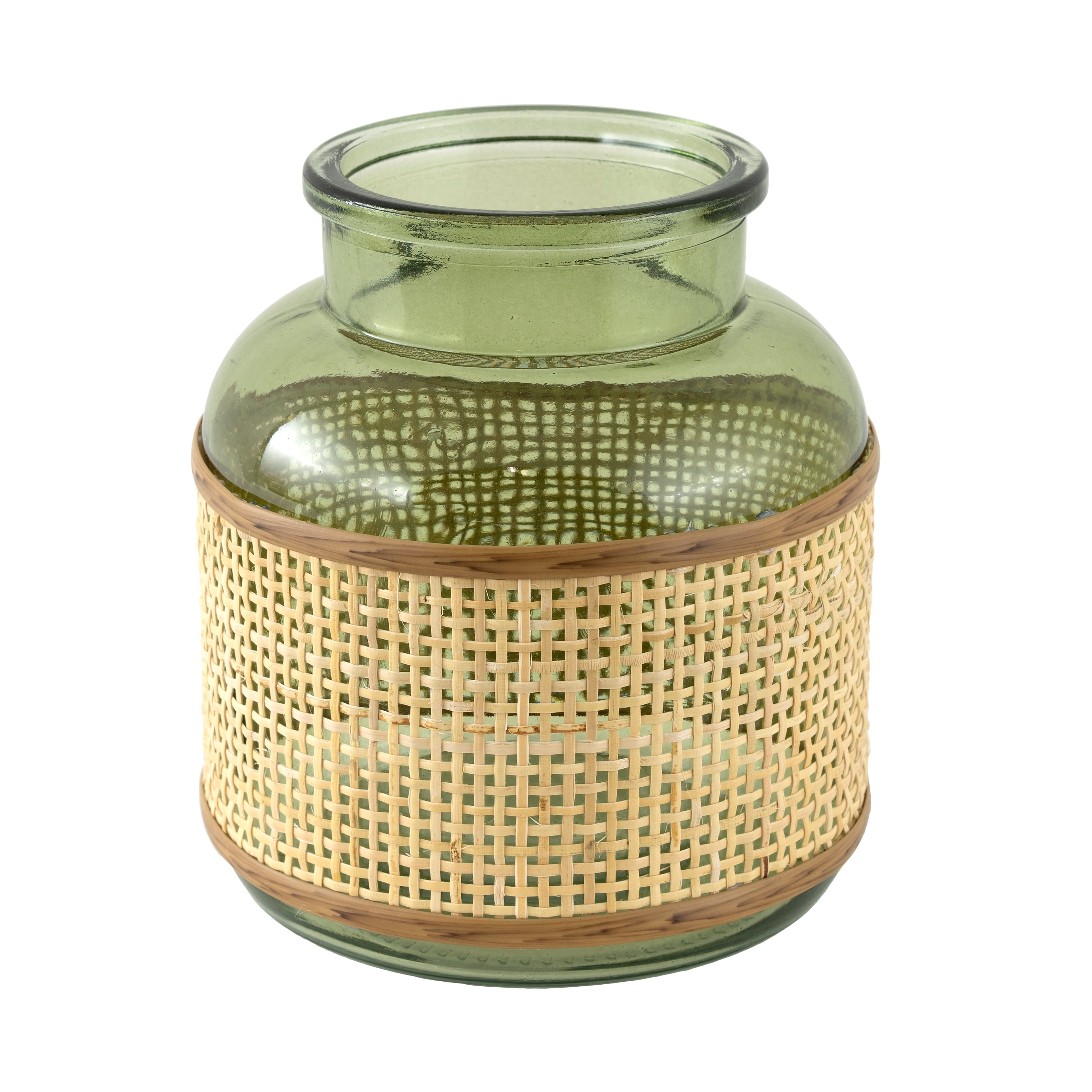 (2 pack) Home Decor Collection 6" Green Translucent Glass Indoor Tabletop Vase with Natural Rattan Caning Wrap