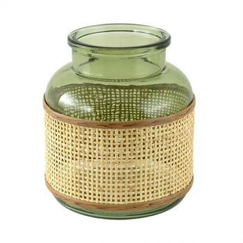 6" Green Translucent Glass Indoor Tabletop Vase with Natural Rattan Caning Wrap
