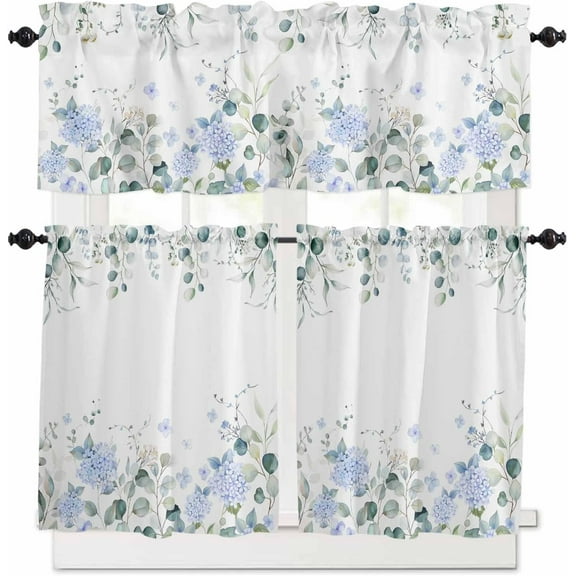 Blue Hydrangea Kitchen Curtains and Valances Set