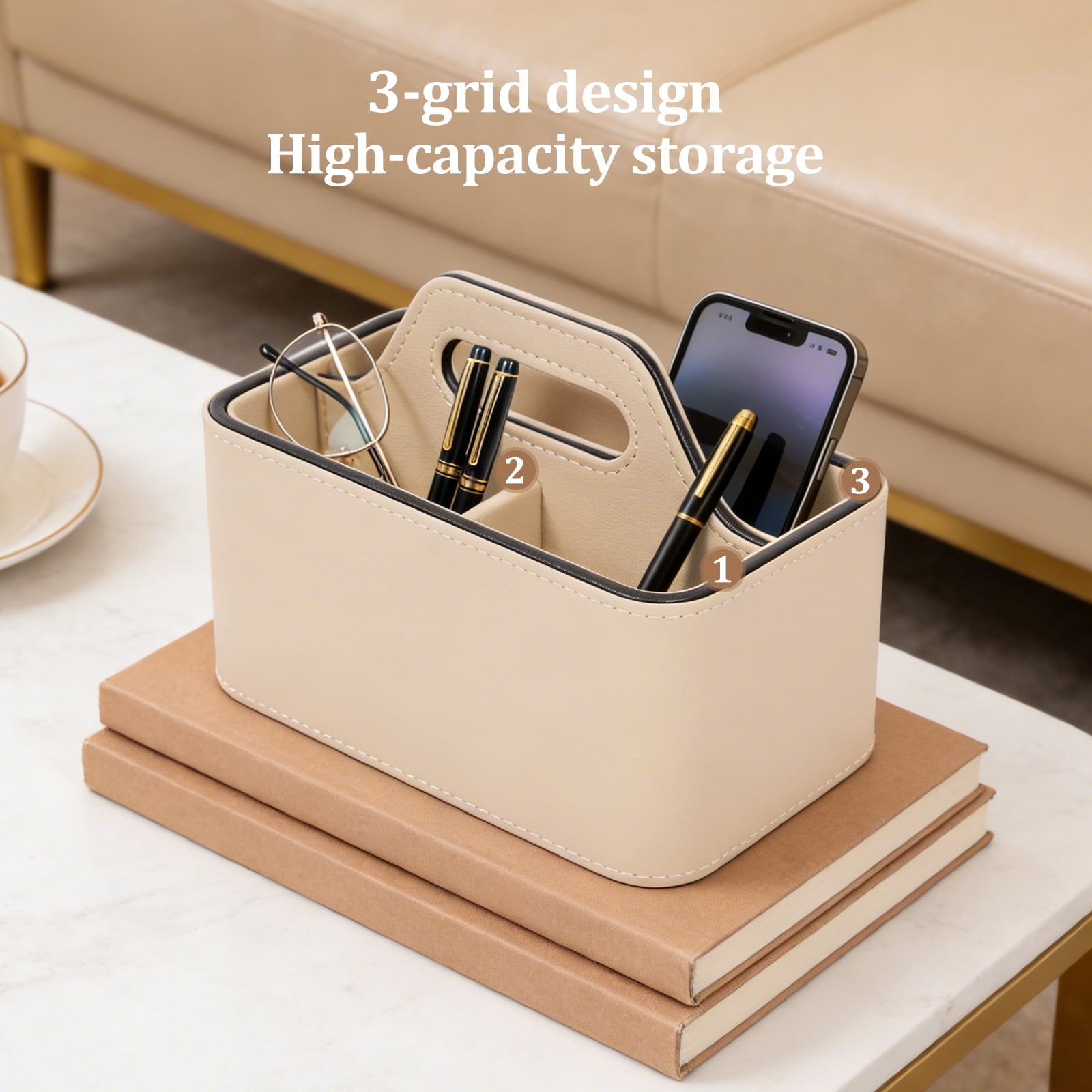 PU Leather Desk Organizer Luxury Remote Control Holder for Home, Office Desk Accessories Table Caddy Bedside Nightstand Organizer