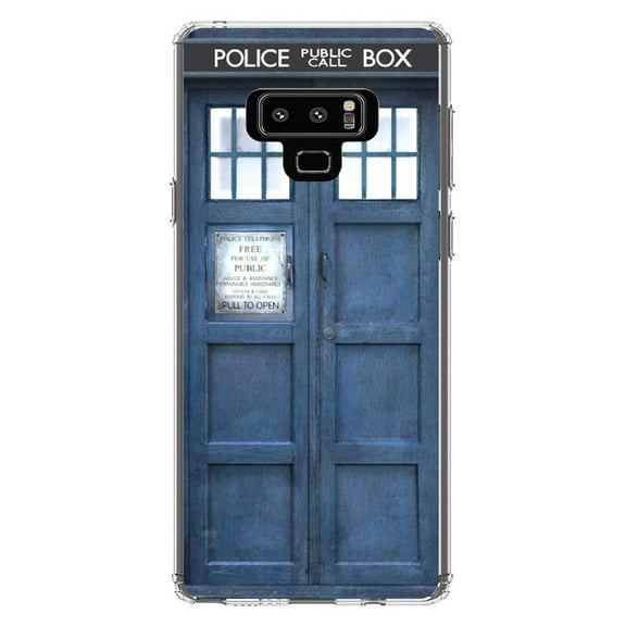 DistinctInk Clear Shockproof Hybrid Case for Samsung Galaxy Note 9 - TPU Bumper, Acrylic Back, Tempered Glass Screen Protector - TARDIS Call Box Photograph