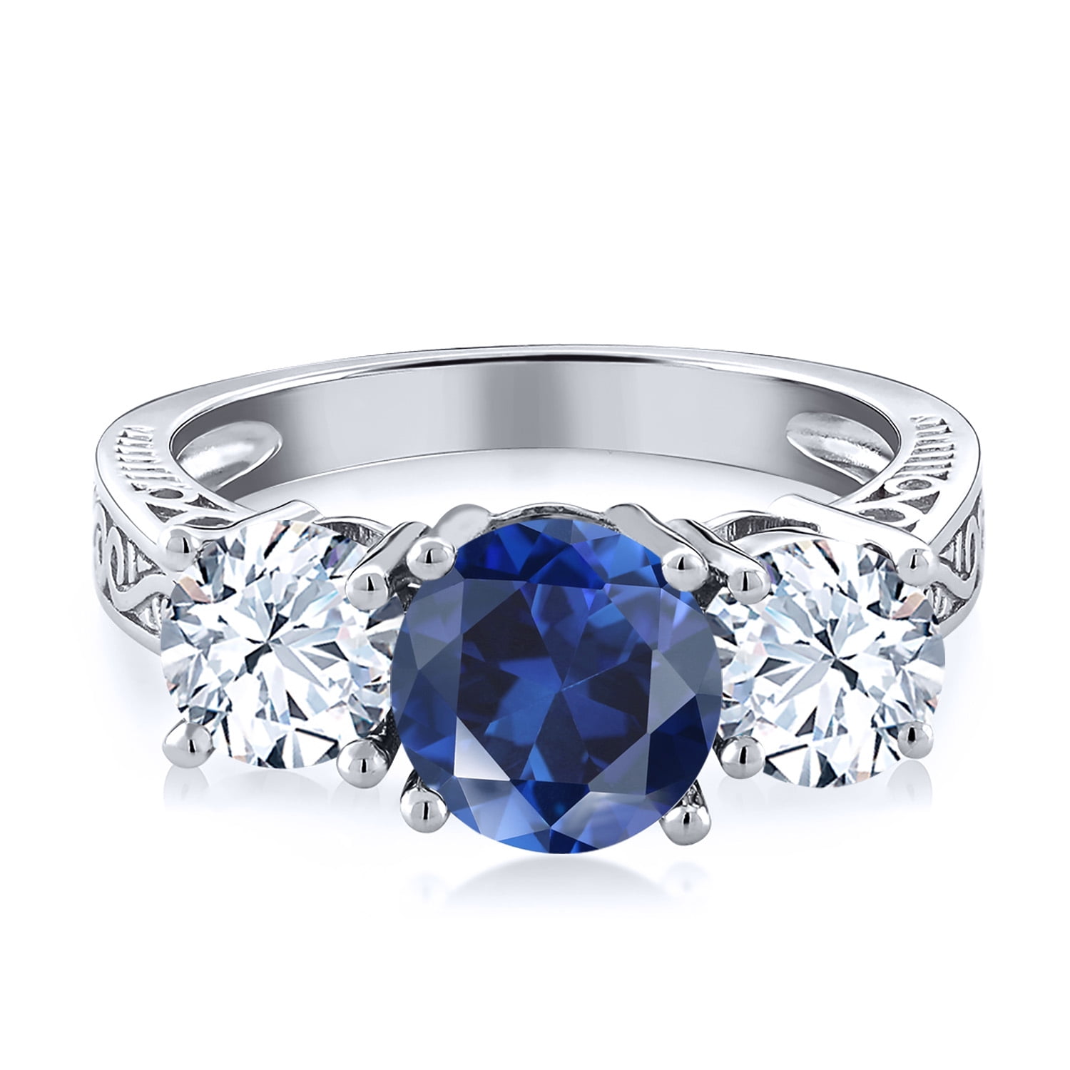 Gem Stone King 3.17 Cttw Blue Created Sapphire 3-Stone Engagement Ring for Women | 925 Sterling Silver | Three Stone Wedding Engagement Anniversary Promise Ring (Size 6)