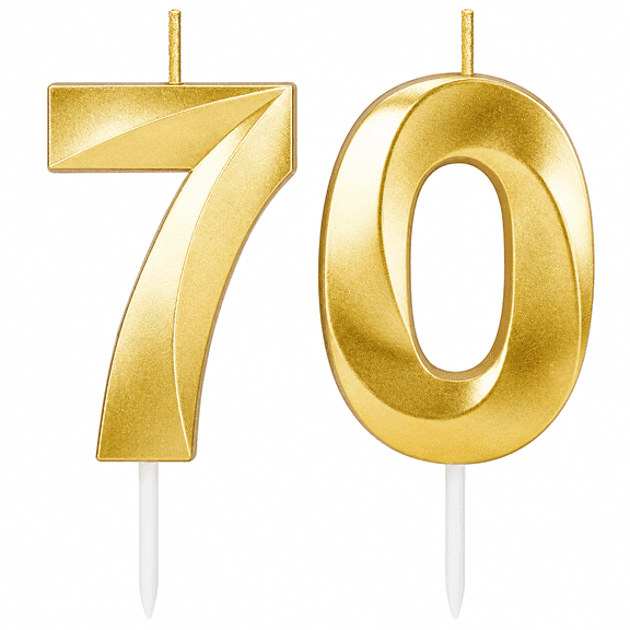Gold Number 70 Birthday Candles, 2 Piece 70th Cake Topper Candles for Birthday Cakes, Anniversaries, Weddings, Parties, and Celebrations