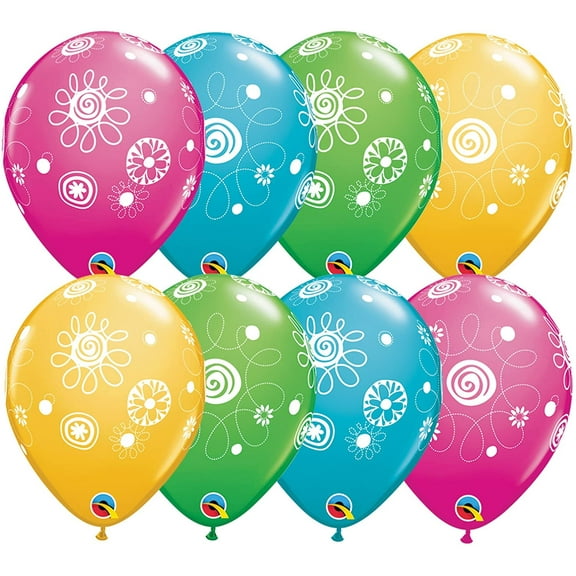 Qualatex Scribble Circles & Flowers Around 11" Latex Balloons, Assorted, 50 CT