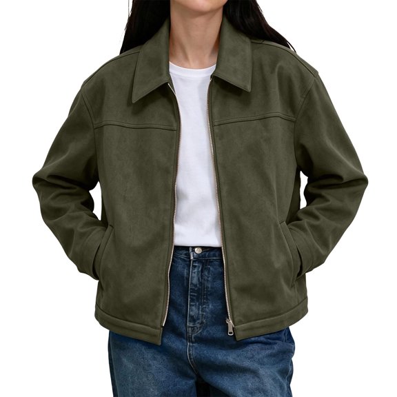 Riecok Womens Suede Jacket Long Sleeve Zip up Coats Lapel Collar Solid Jackets Casual Fall Outerwear with Pocket 2XL