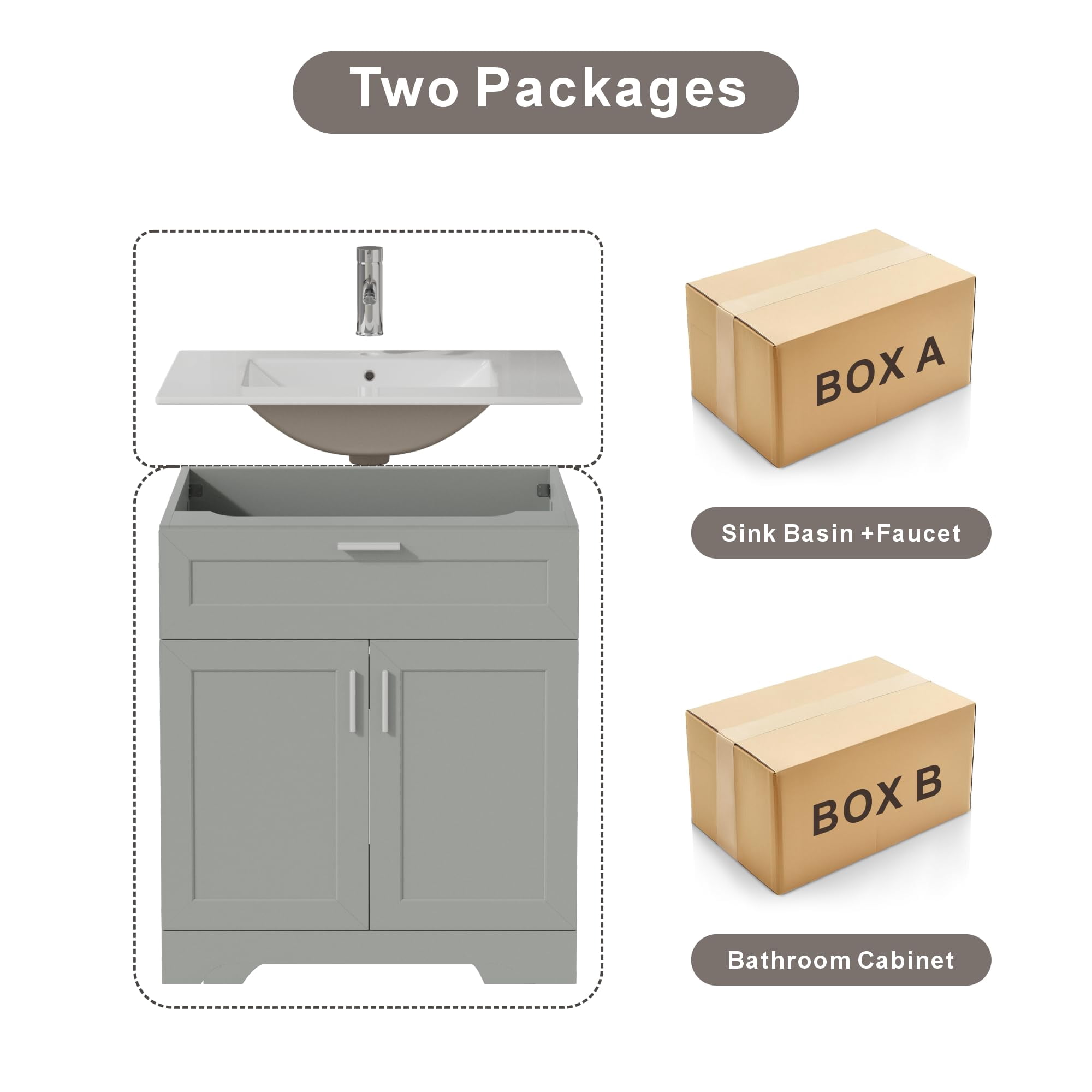 KIGOTY 30" Modern Bathroom Vanity with Ceramic Basin, Free Standing Bathroom Storage Cabinet with with 2 Soft-Closing Doors and 1 Drawer, Gray
